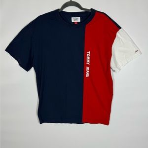 Vintage Tommy Jeans Shirt Short Sleeve Spellout Men’s Size Large Red Blue White